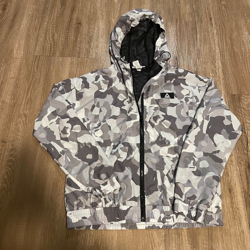 Reebok Mens Windbreaker Jacket Size XS Grey White Camo Polyester Full Zip Hooded